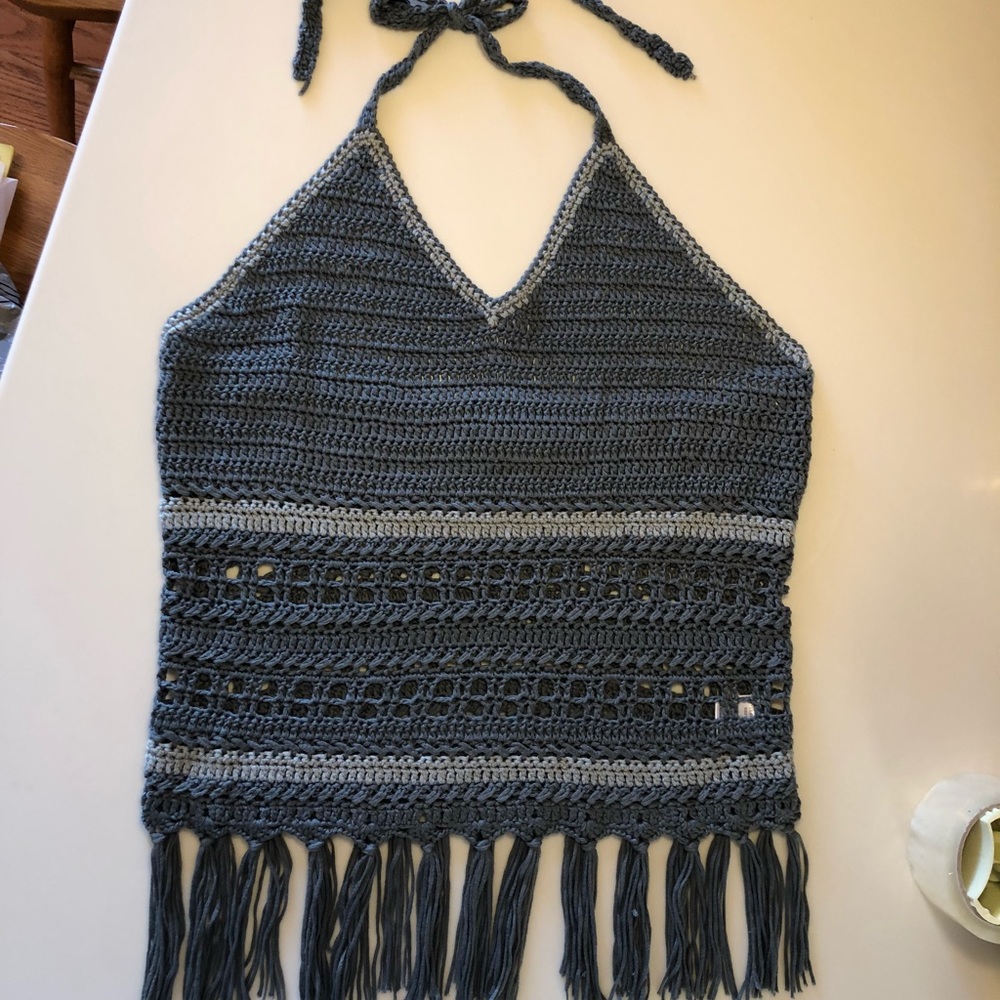 NWOT Paper Crane Crochet Fringe Halter Top Sz LG